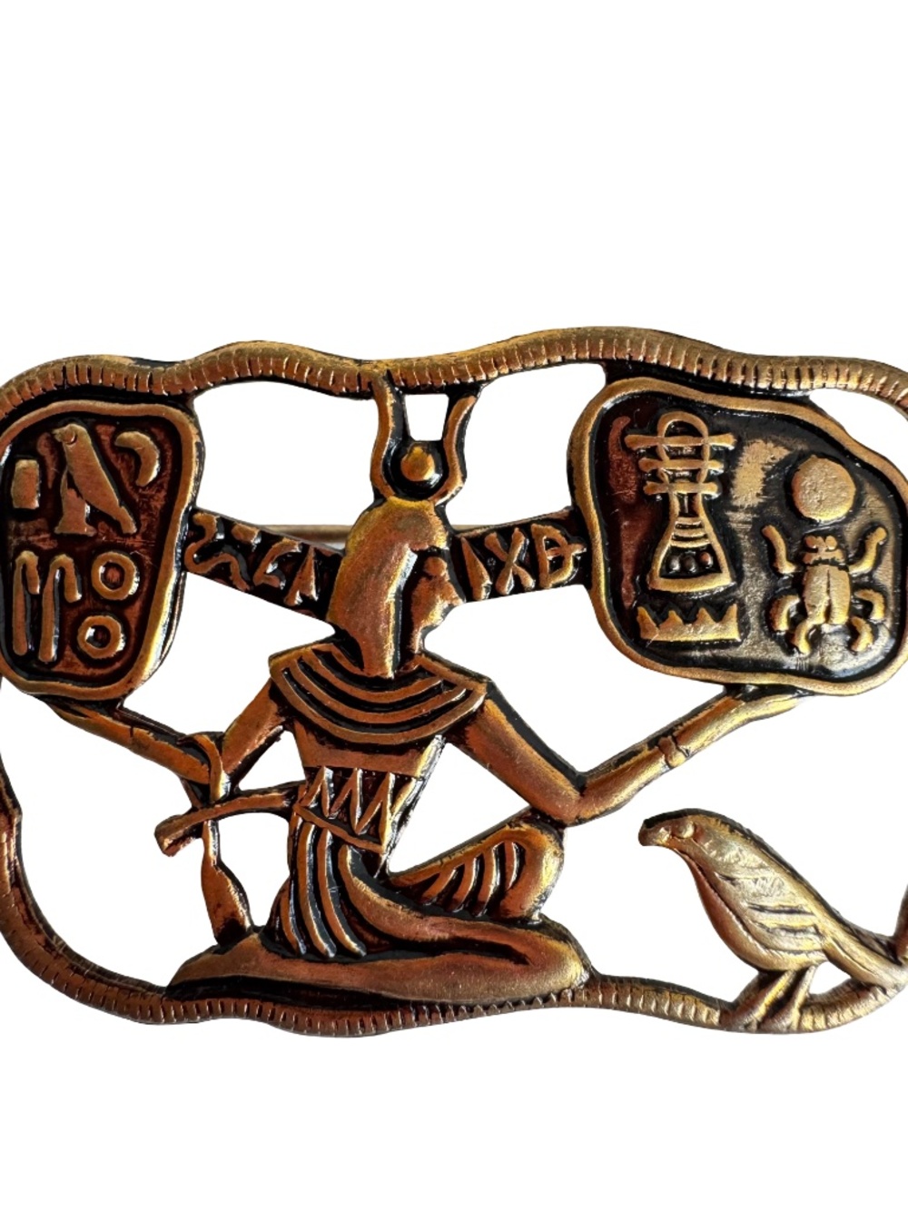 Vintage Egyptian Revival Gold Tone Brooch Hieroglyphic Deity Falcon Wall Relief - Picture 4 of 11